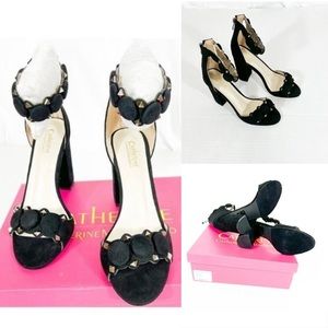 Catherine Malandrino NWB Sz 8 Black Suede Alexa Block Heel Sandal W/ Ornaments